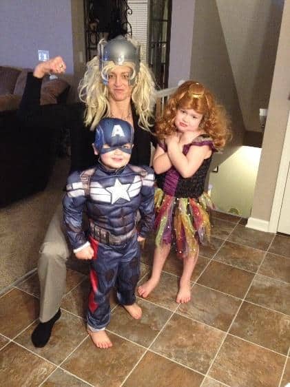 deanna with her niece and nephew dressed in halloween costumes