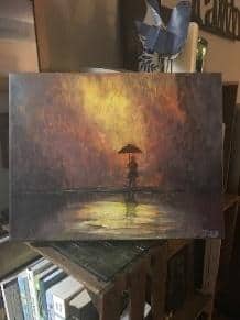 oil painting of a solo person holding an umbrella over their head in the rain