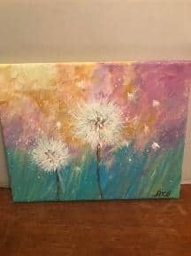 oil painting of dandelions blowing in the breeze