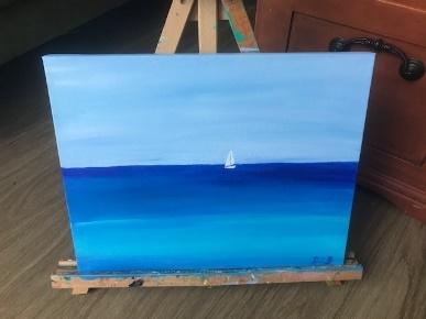 oil painting of a white sailboat against a blue sky and sea