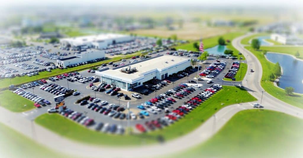 overhead shot of a car dealership