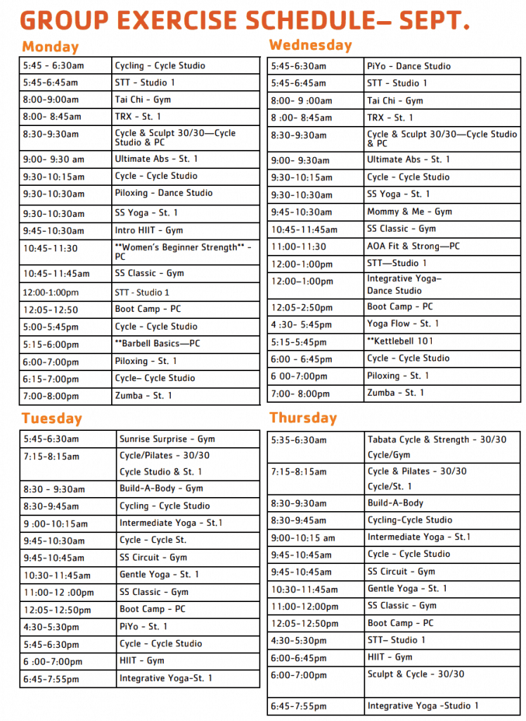 YMCA group schedule