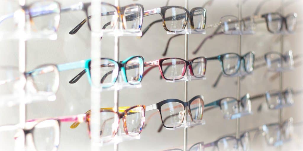eye glass frames on a rack
