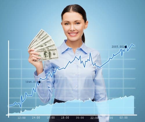 young woman holding cash she earned in the stock market