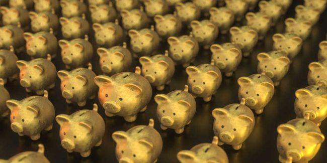 rows and rows of gold colored piggy banks