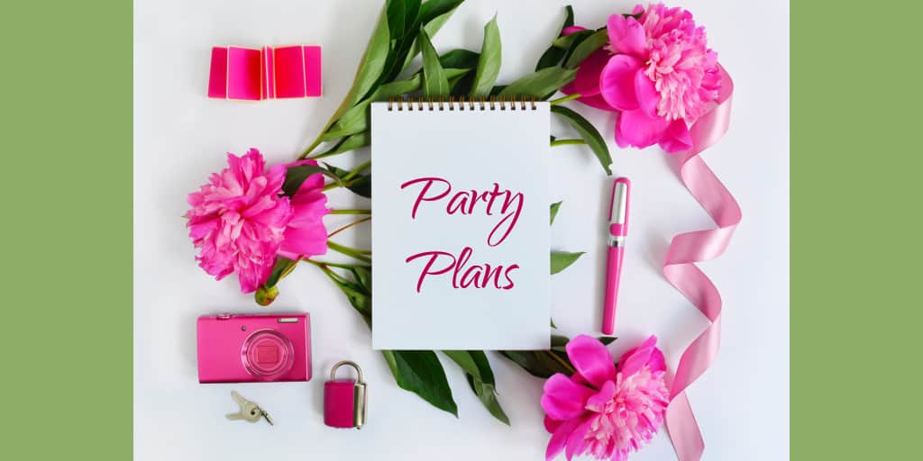 pink flowers, pink ribbon, pink camera, and the words party plans in pink on white and green background