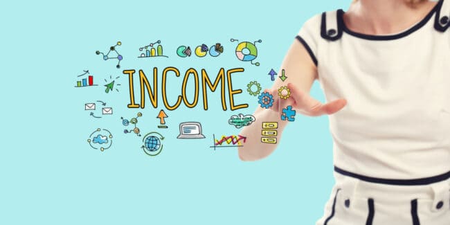 Income concept with young woman on a blue background