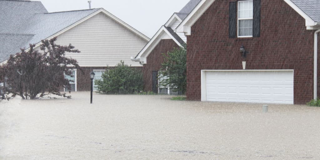 neighborhood homes in a major flood