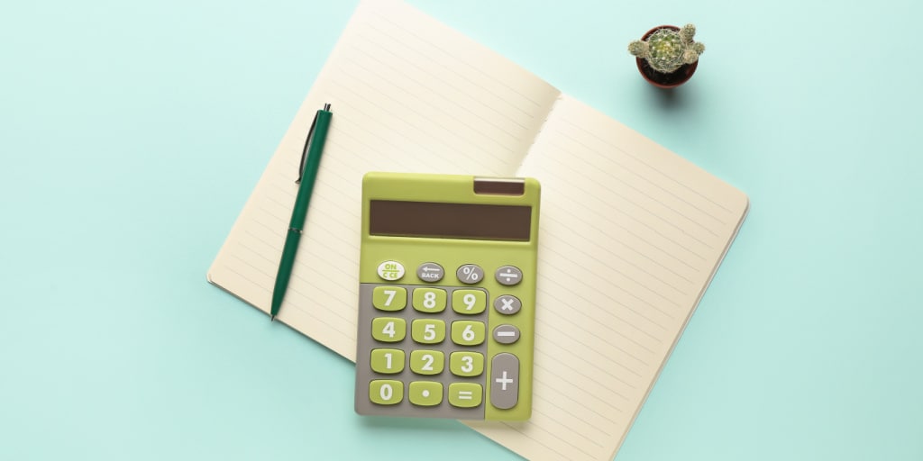 Digital calculator, notebook, pen and cactus on color background