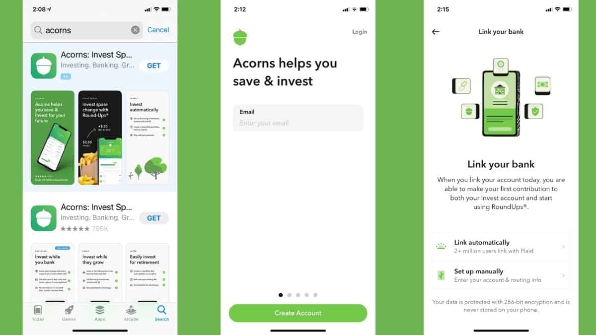 Acorns app account open and set up