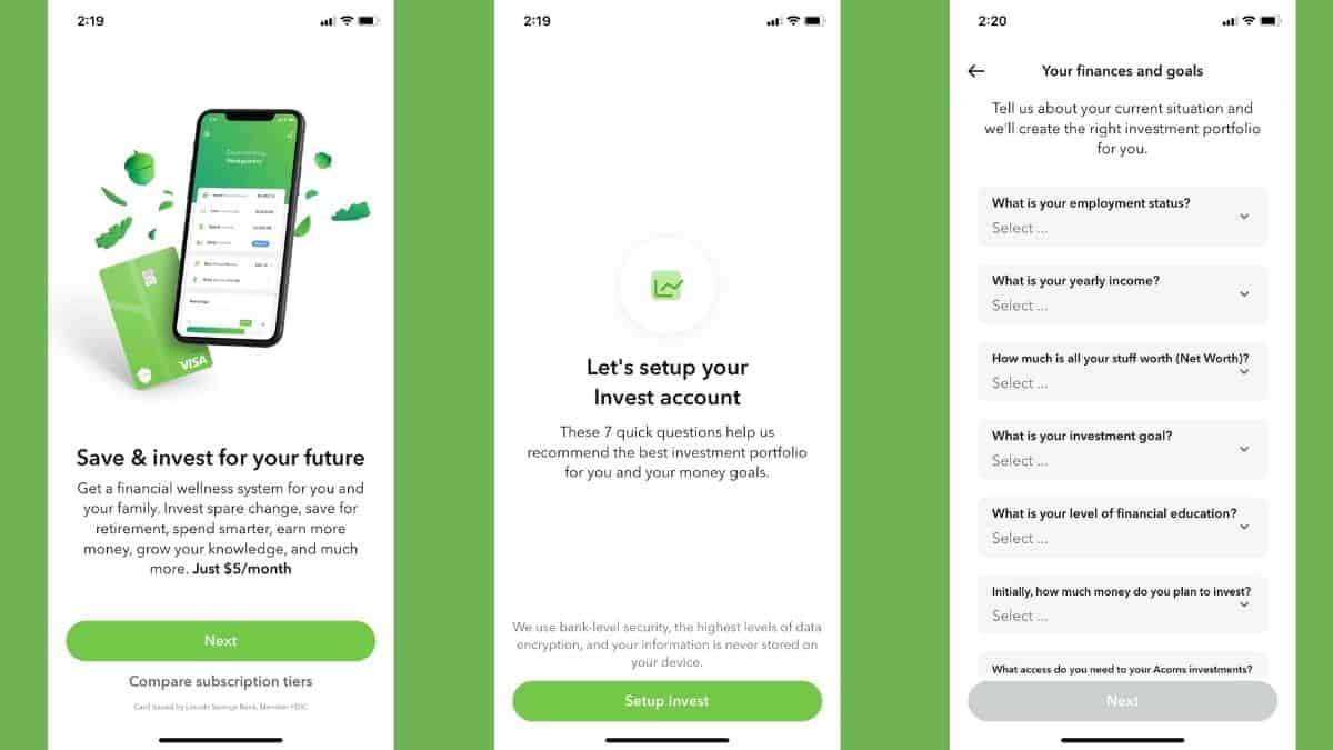 Acorns investment account set up on the app