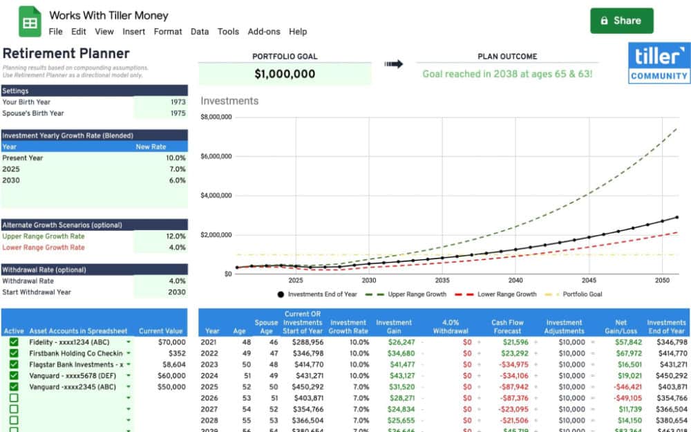 image of Retirement Planner Worksheet that works With Tiller Money